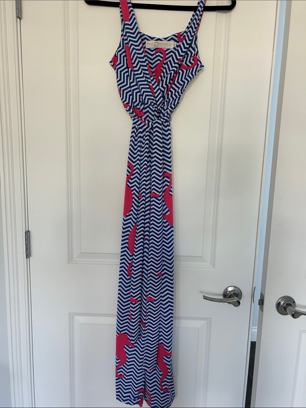 Tracy Negoshian Blue Chevron Maxi Dress with Pink Accents